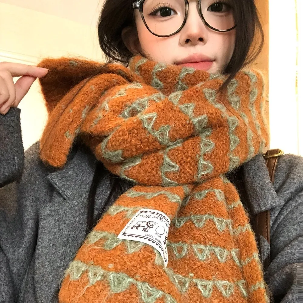 Thick Wool Blend Scarf Korean Style Cold Proof Pumpkin Color Knitted Scarf 170cm x 25cm Fall Winter Neck Warmer Outdoor Wear