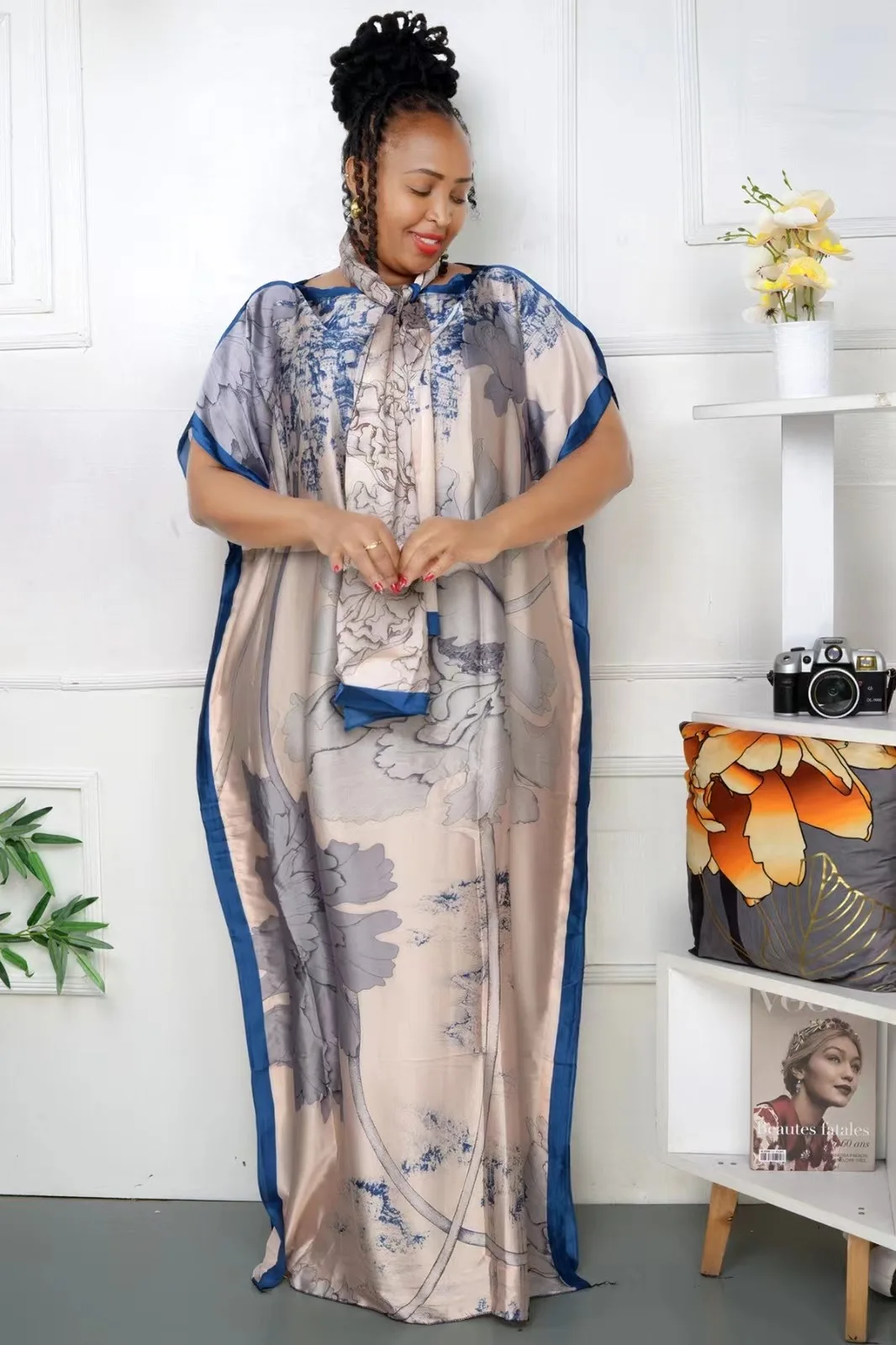 Summer Bohomian African Printed Silk Muslim Lady Long Abaya With Scarf Dubai Traditional Women Ramadan Loose Kaftan Dress