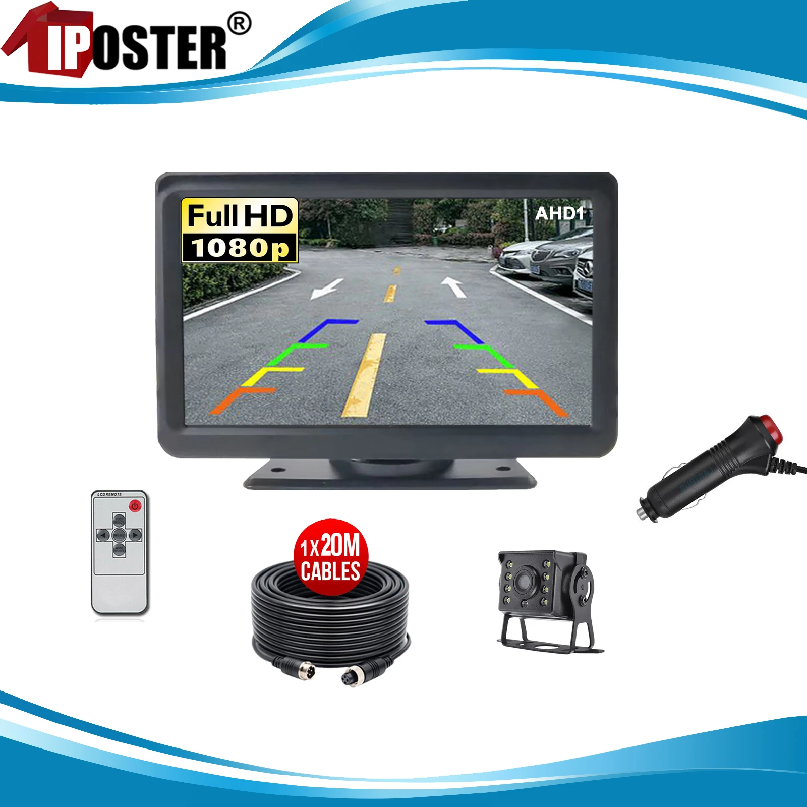 

iPoster 1080p AHD Reversing Rear View Camera with 7 Inch AHD Monitor Night Vision Backup Camera 12-36V for Truck RV Trailer Van