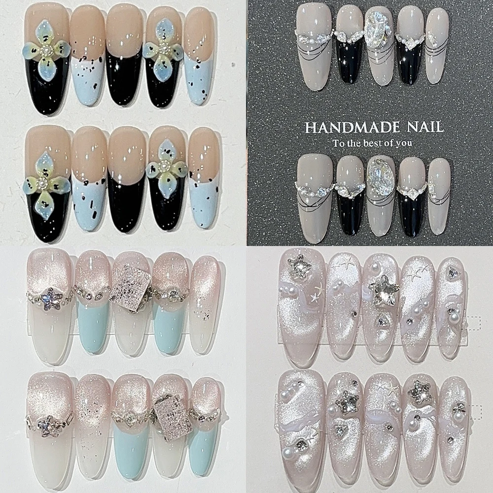 

10Pcs Lovely Cat Eyes Gradients French Handmade Nail Party Sticker Simple Diamond Pearl Bow Flower Reusable Press On Nails