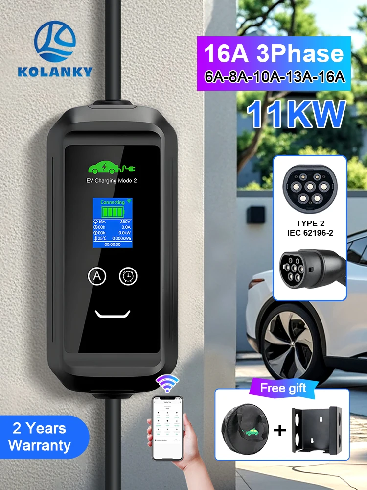 Kolanky EV-Ladegerät, 11 kW, 16 A, 3P-Timer, WLAN, Tuya-App, Zeitverzögerung, 1–15 Stunden Set, Ladezeit, Elektrofahrzeug, Autos, insgesamt 7 m