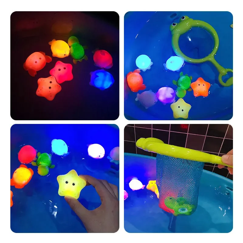 Conjunto de água de lavagem de animais brilhante, rede de luz flutuante para pesca, peixes, brinquedos de água para crianças, brinquedos de banho para bebês flutuantes