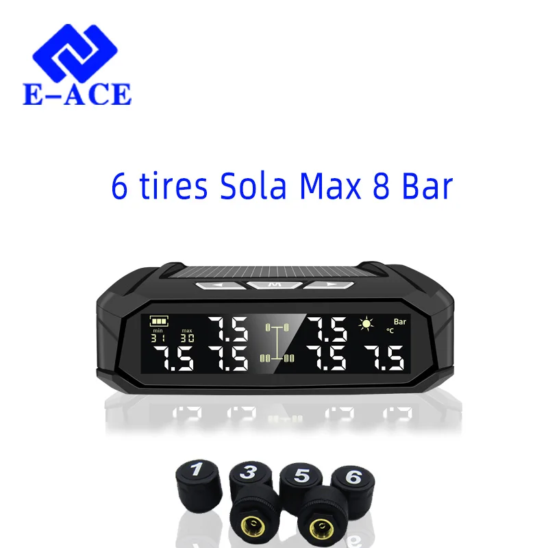 E-ACE Solar TPMS 6 sensors Car Tire Pressure Alarm Monitor System Tyre Temp Digital Anti High Temperate And Cold Security Alarm