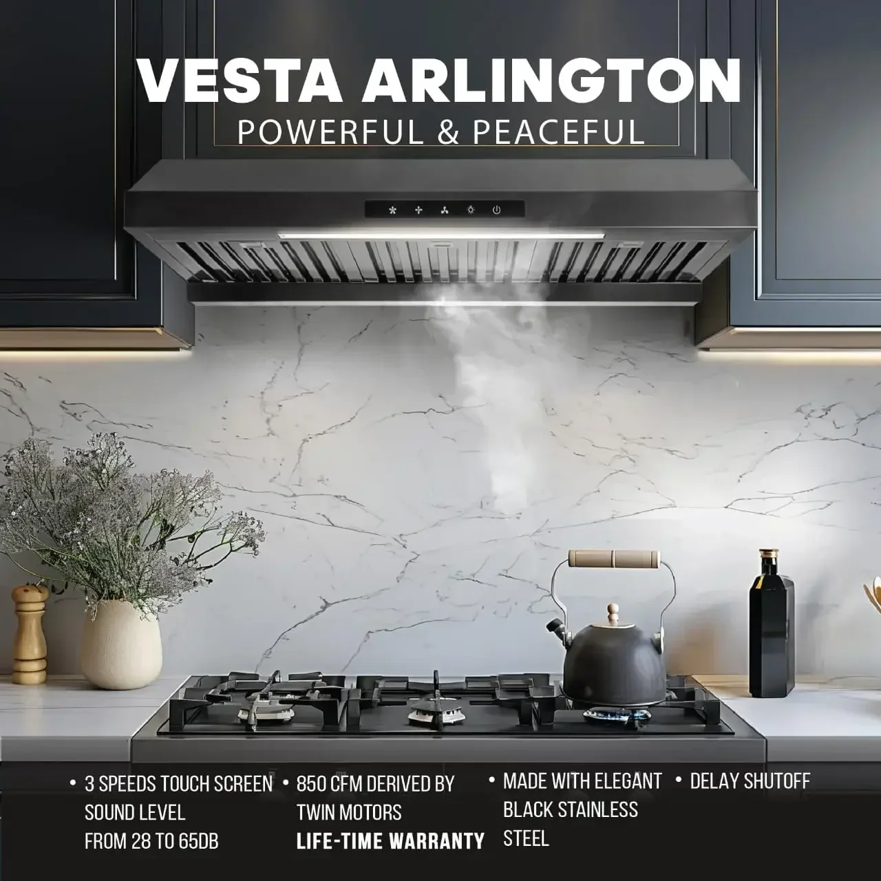 

Vesta Arlington 850 CFM Powerful 30 Inch Under Cabinet Range Hood With Premium Stainless Steel Body, Twin Turbo Motor