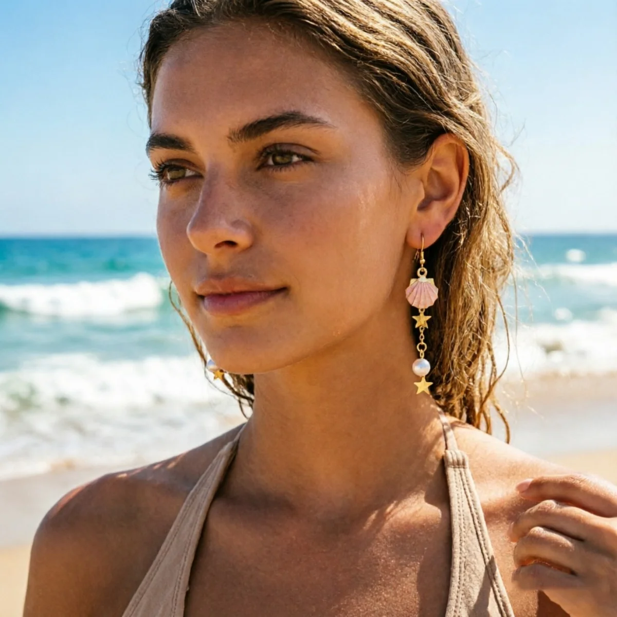 Ocean Beach Emaille Seestern Muschel Imitationsperlen Quaste Asymmetrische Hängeohrringe für Damen und Herren Stern-Ohrringe Sommer-Schmuck – Detail 4