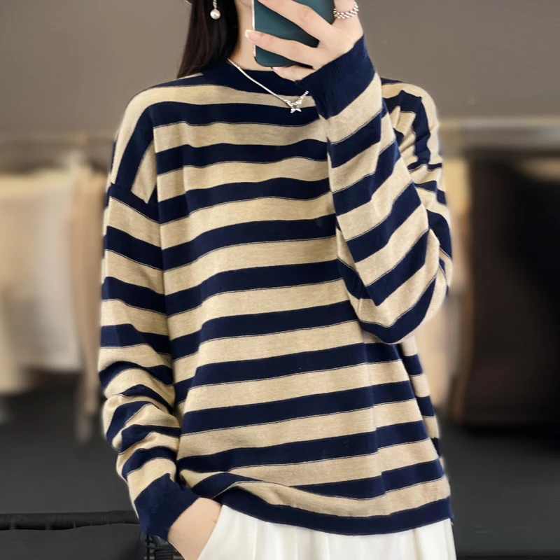 2024 Women\'s cashmere sweater sweater pullover striped knitted sweater Women\'s autumn and winter long sleeved loose sweater