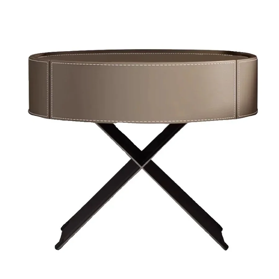 Italian minimalist saddle leather bedside table, bedroom creative oval storage bedside table khaki
