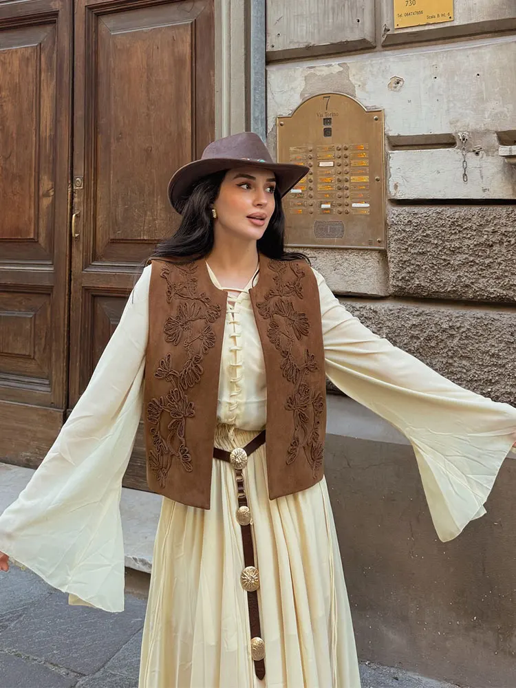 

HH 2025 женский элегантный жилет с цветочной вышивкой и круглым вырезом, кардиган без рукавов, летний повседневный винтажный женский шикарный топ