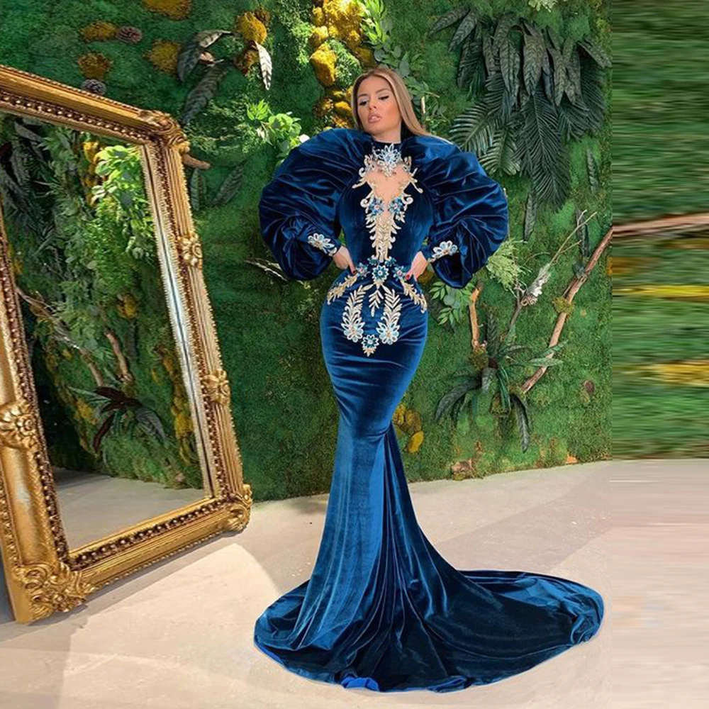 Navy Blue Velvet Evening Gowns Lace Appliques Beaded Puffy Long Sleeves Mermaid Prom Dresses Sweep Train Women Formal Wear