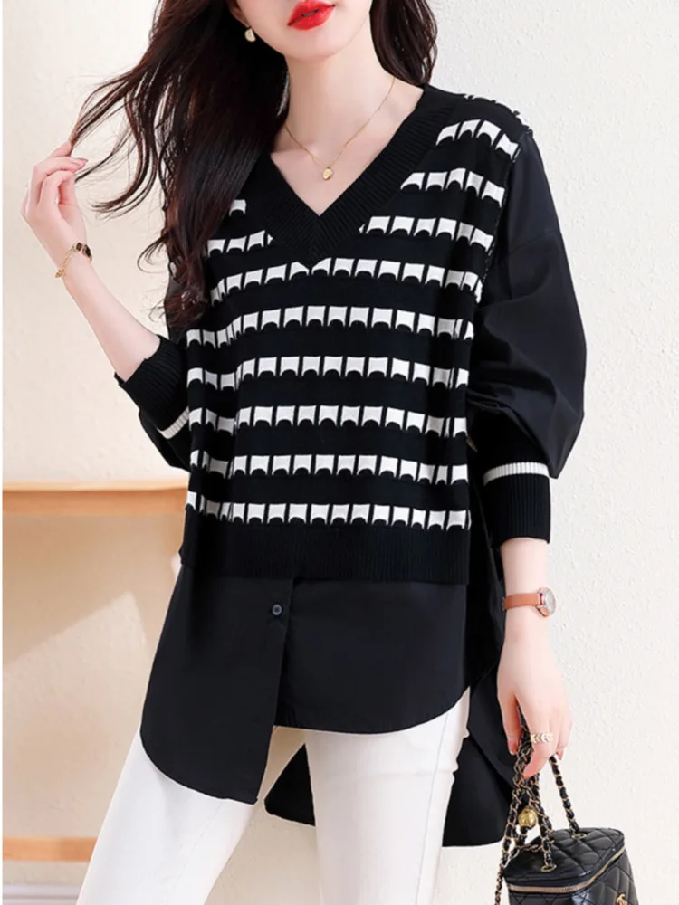 #3136 Black False Two Piece Blouse Women V-neck Loose Split Joint Knitted Irregular Striped Womens Tops And Blouses Streetwear