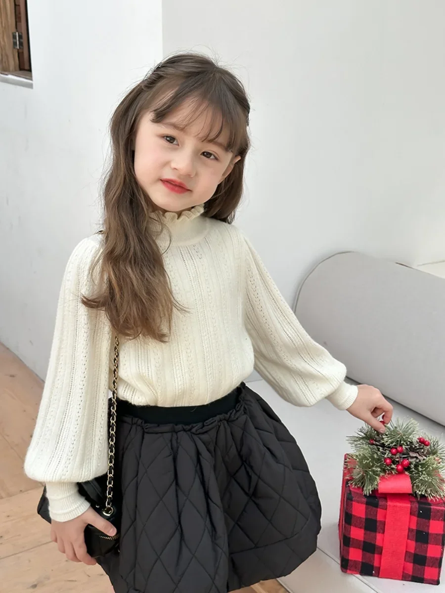 

Girls Sweater Winter Children Puffy Sleeve Turtleneck Sweater Top Sweet Temperament Lace Sweater Korean Simple Style Top