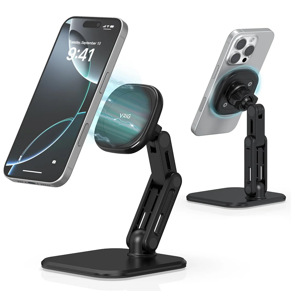 VRIG Foldable Magnetic Phone Stand 3-Axis Rotation Adjustable Desk Phone Holder for iPhone 16 15 14 13 12 Pro Max & MagSafe