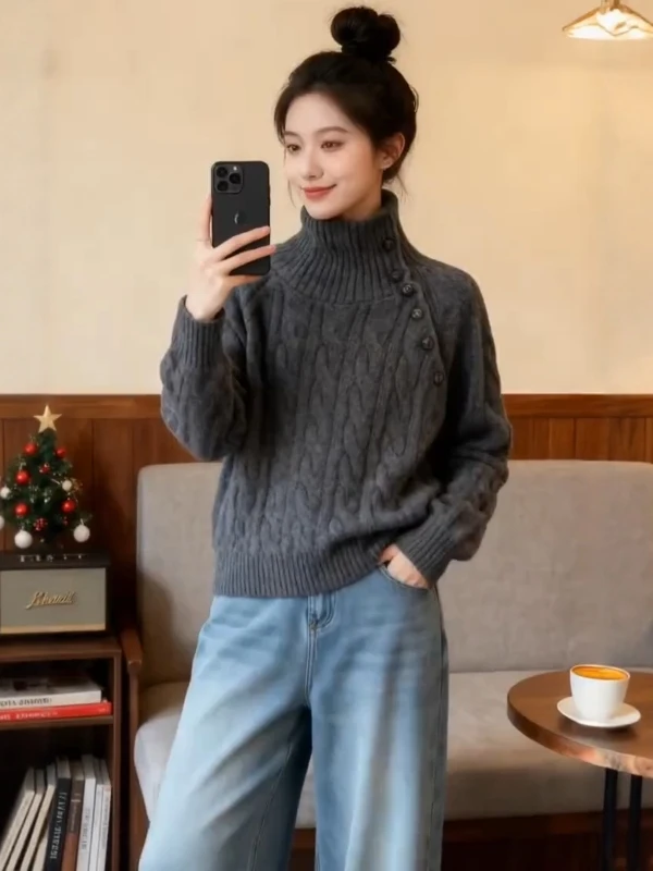 

Old Money Sle Women's High Collar Knitted Sweater f Slant Button Twist Pattern Loose Fit Long Sve Breathable Autumn W...