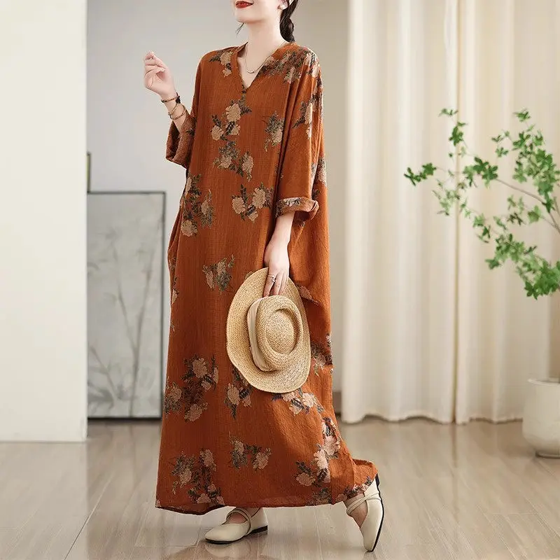 Artistic Retro Linen Printed Fashionable Dress For Women Spring And Autumn Vacation Style V-Neck Long Sleeved Loose Dress A780