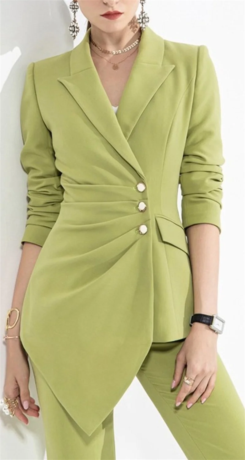 Green Spring Women Suit Set Blazer+Pants 2 Pcs Irregular Hem Formal Office Coat Jacket Designer V Neck Prom Dress Custom Made