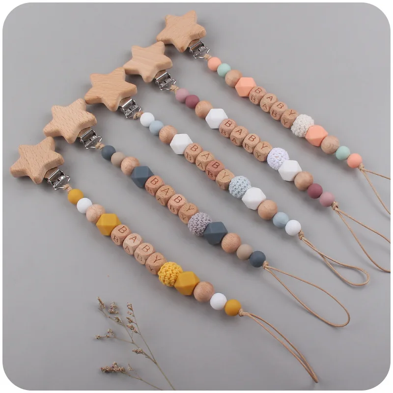 Baby Pacifier Clips Handmade Wood Soother Chew Teethers Toys Dummy Safe Silicone Teething Pacifier Chains Gift