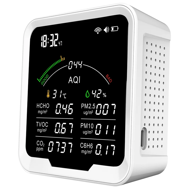 Monitor de Qualidade do Ar Termohigrômetro, Relógio Alarme e Detector De Gás, PM2.5,PM10,HCHO,C6H6,CO2 Sensor