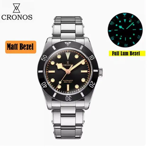 CRONOS Men Automatic Watch 37mm Mechanical Wristwatch Sapphire Diver 20ATM Waterproof BGW-9 Luminous PT5000 SW200 Ceramic Bezel