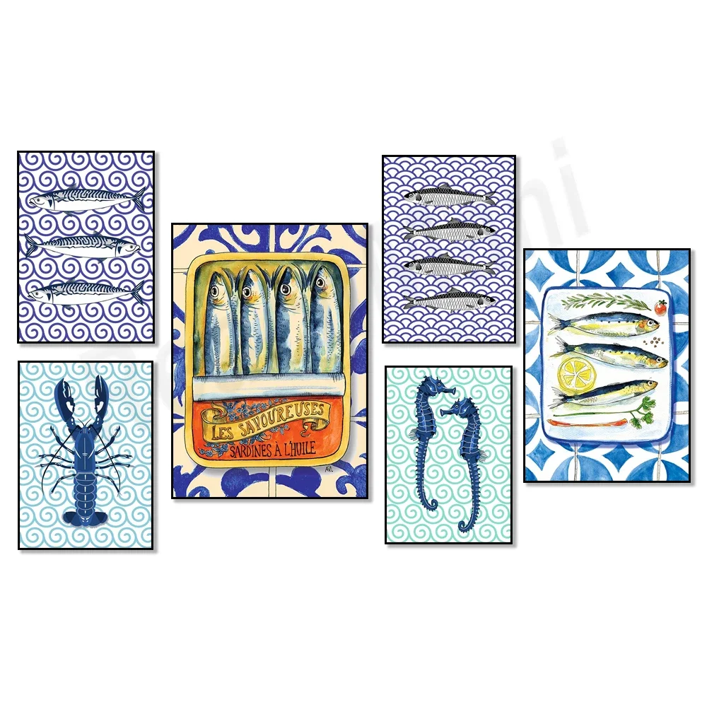 

Sardines poster, fish illustration, mackerel, lobster, seahorse art, sardines, blue moroccan tile pattern, kitchen decoration