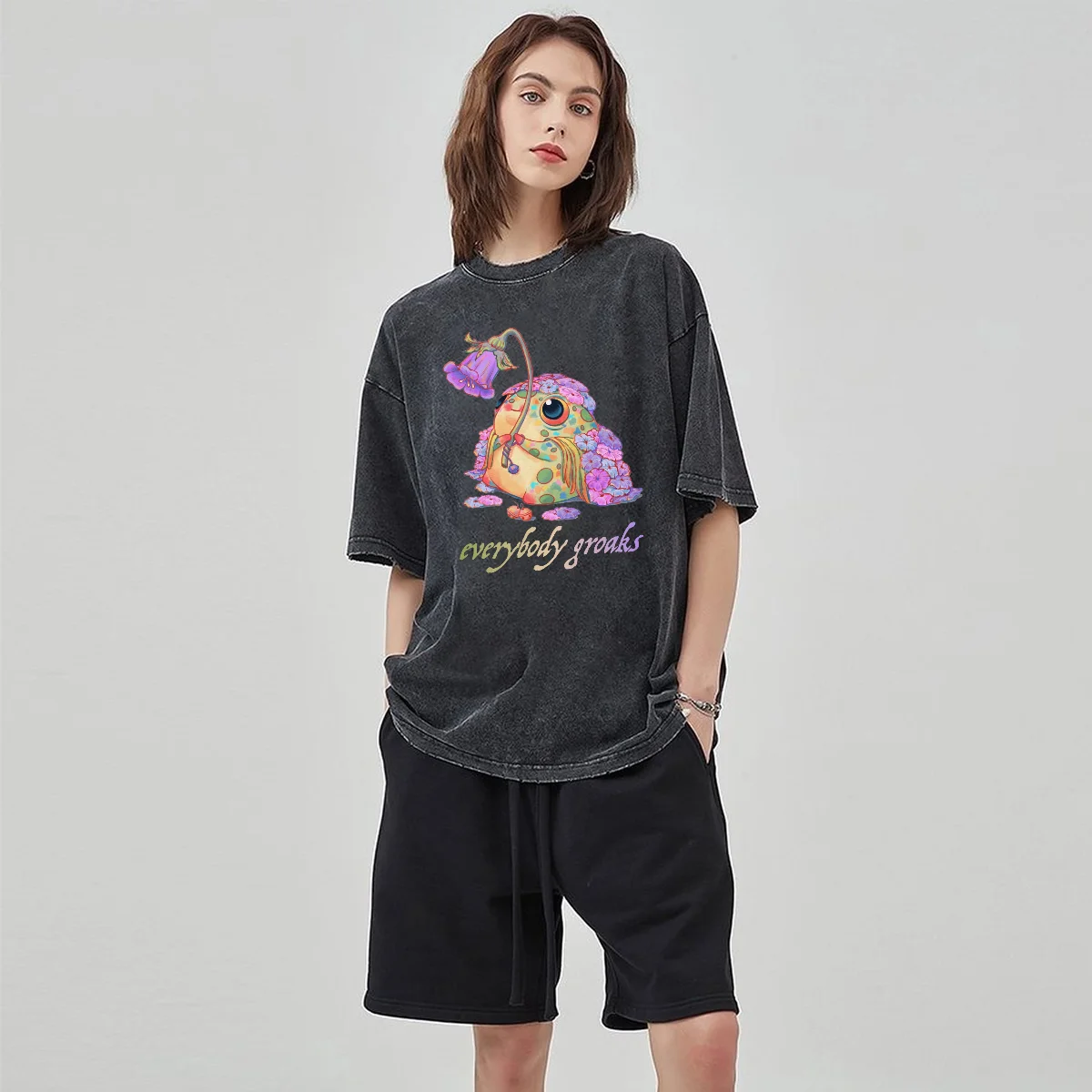 

Colorful Frog Hot Stamping Print Women T-Shirt Washed Denim Oversized Couple Short Sleeve Unisex High Quality Tees Cute Casual