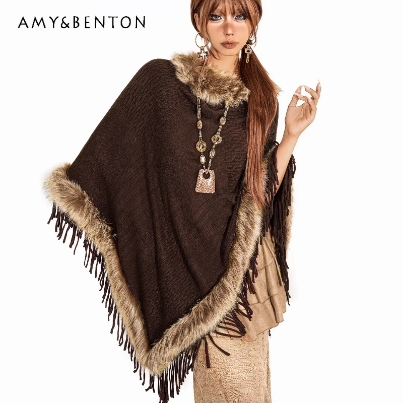

Женский вязаный кардиган с меховым воротником в американском стиле ретро, осень-зима 2022, новая накидка с нерегулярными кисточками, шаль, рубашки с летучей мышью, женские рубашки