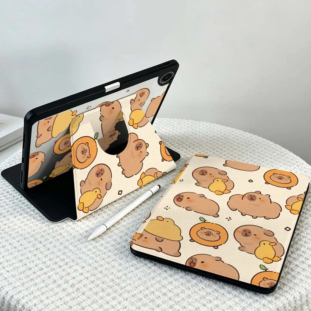 Cute Capybara Pattern For Samsung Galaxy Tab S11 S10 S9 S8 A11 FE Plus Ultra 360° Rotation Stylus Storage Tablet Case Soft