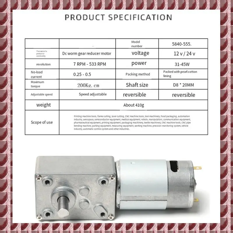 A95G DC Electronic Worm Gear Motor Low Speed 41RPM Worm Reduction Gearbox Engine 24V Self-Locking Geared Motor