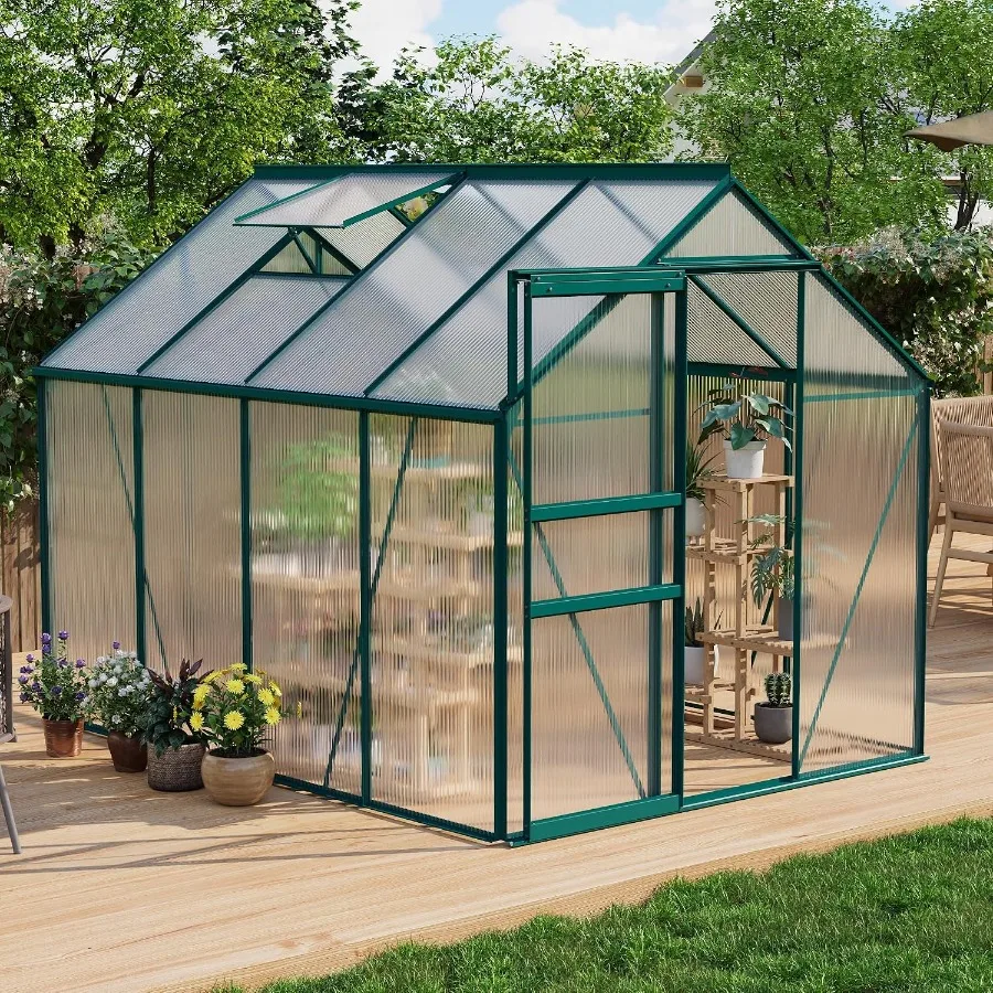 Large walk-in polycarbonate greenhouse for outdoor garden planting with enhanced aluminum frame, silver-gray