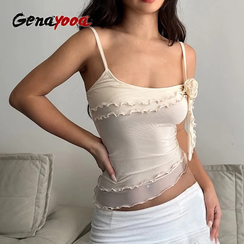 

Genayooa Sexy Halter Tops Women Sleeveless Y2k Vintage Crop Tops Streetwear Fairycore Korean Style Chiffon Tank Tops Summer