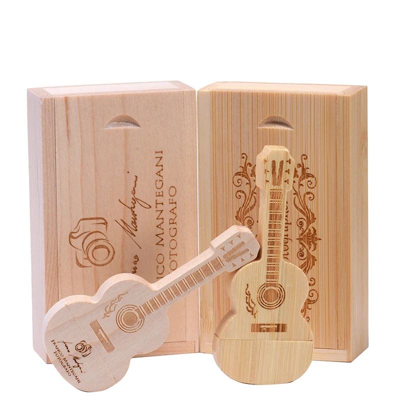 1PCS Free Custom LOGO Wooden Guitar USB Flash Drive Memory Stick U Disk 32GB 64GB 128GB Gift Pen Drives Box Memory Stick memoria