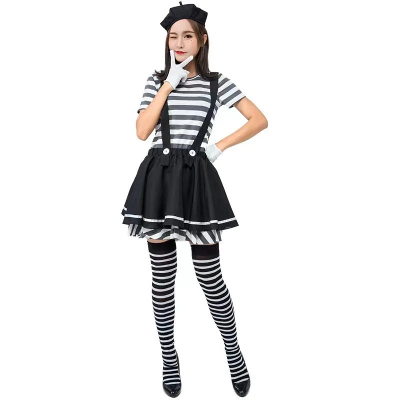 Nieuwe Halloween Clown Kostuum met Sa Streep Gevangene Spel Dames Cosplay Outfit Grappige Actr Prestaties Chinese Stage Clo...