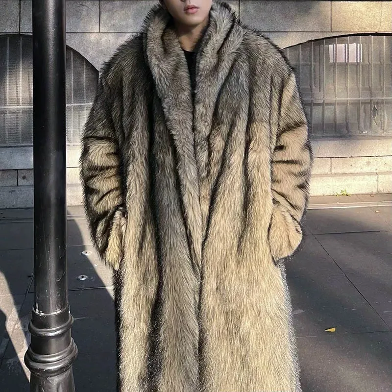 Men's Thick Faux Fur Coat Camel Winter Long Overcoat