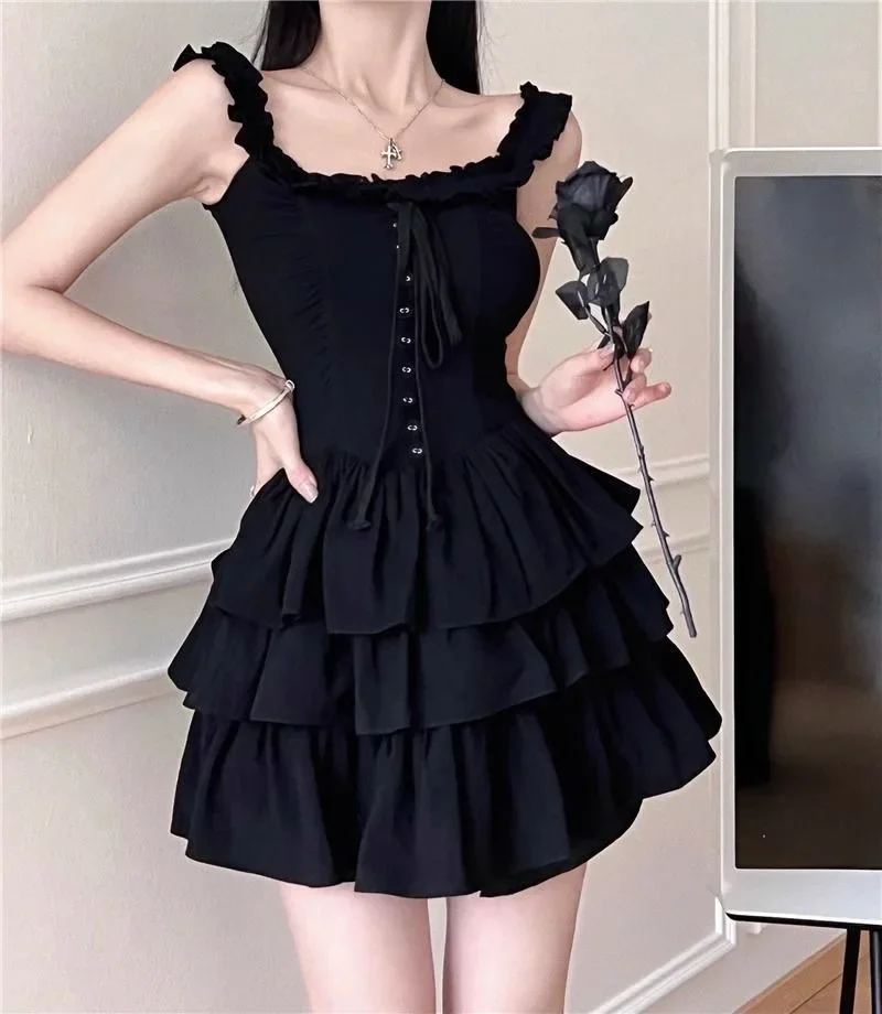 

Gothic Black Sexy Slip Dress Y2K Harajuku Streetwear Mini Dress For Women Summer Korean Fashion Party Dresses Women Clothing