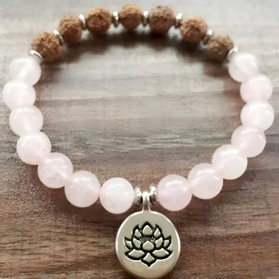 

8mm Pink crystal Gemstone Rudraksha Mala Bracelet 7.5 inches Natural stone Sacred Hand Japa Yoga Mala Jewelry Buddha Men's