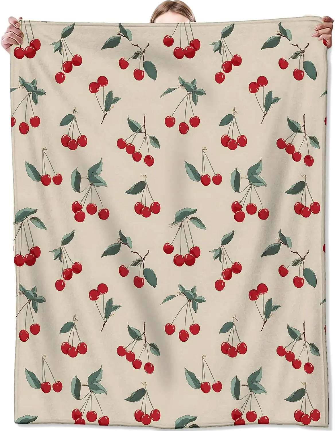 Vintage Cherry Blanket,Leaf and Red Fruit Flannel Throw for Girls,Women,Adults as Gifts,Cozy Soft Blankets for Couch,Bed,Office