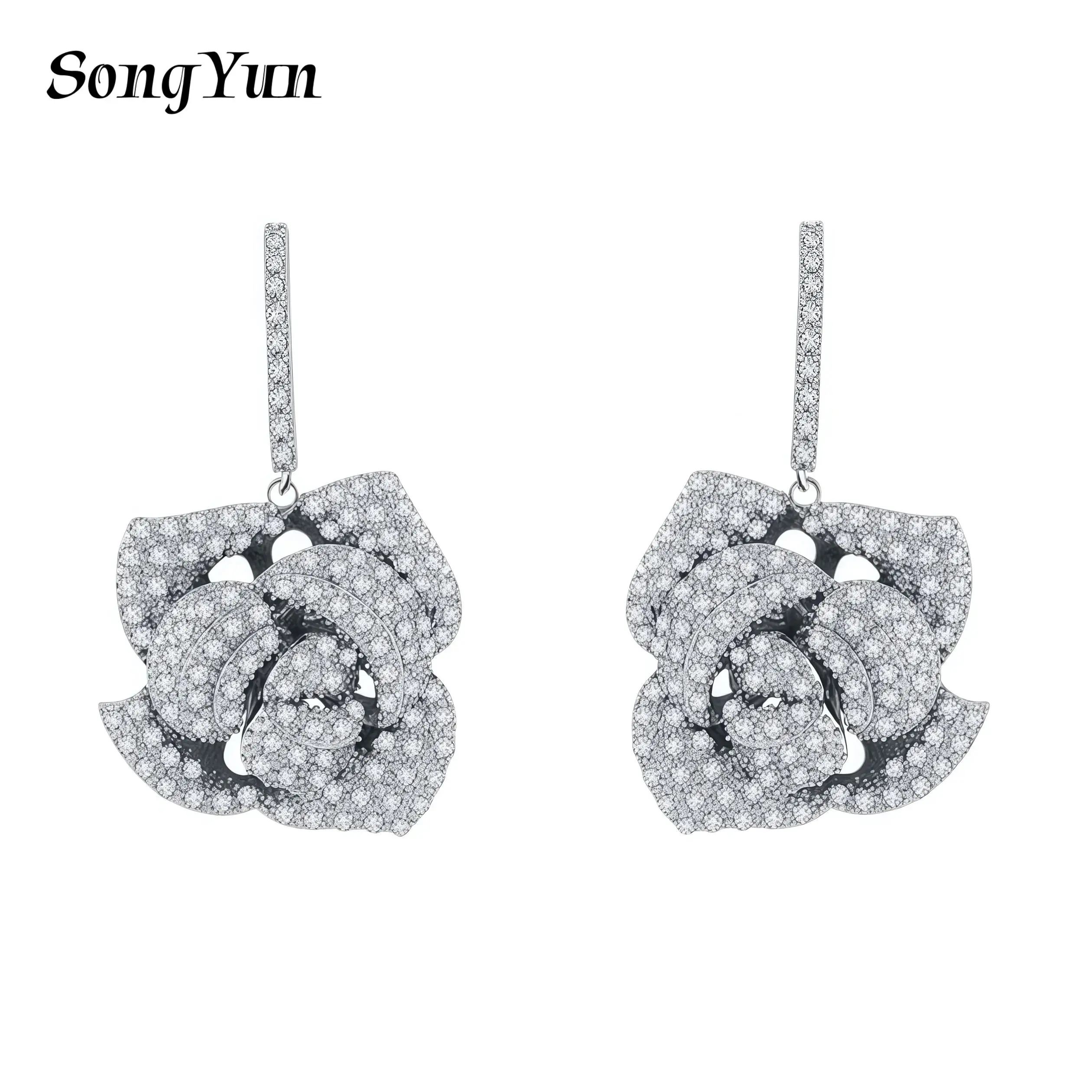 

SongYun Jewelry Manufacturer MHT Quality Copper Drop Earrings Pendant For Women 3D Rose Flower 18k Gold Plated Luxury Jewelry