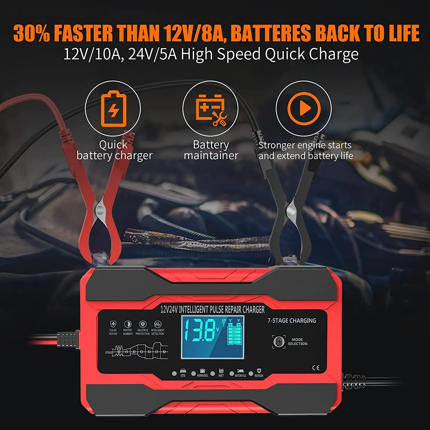 10 A Car Battery Charger, 12 V/24 V Smart Fully Automatic Car Battery Charger with Temperature Compensation for Car