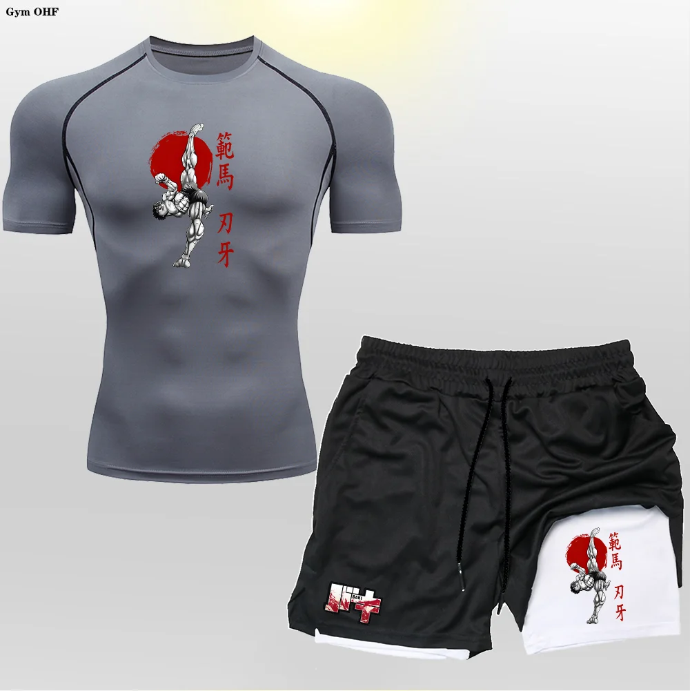 Heißes verkaufendes Sommer-T-Shirt + doppellagige Shorts für Herren-Freizeit-Fitness-Jogging-Sportbekleidung, atmungsaktives Kurzarm-Set