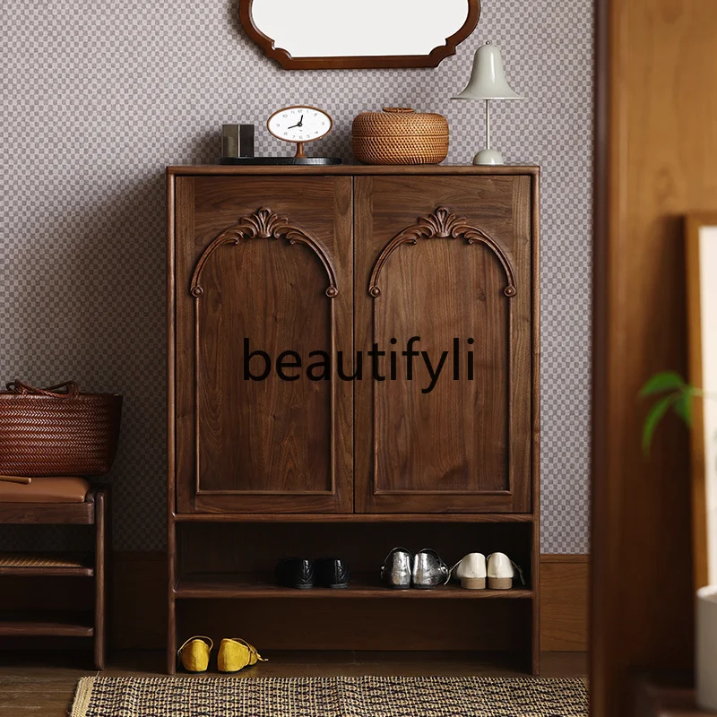 

Walnut medium ancient style shoe cabinet retro entrance door decorative cabinet partition
