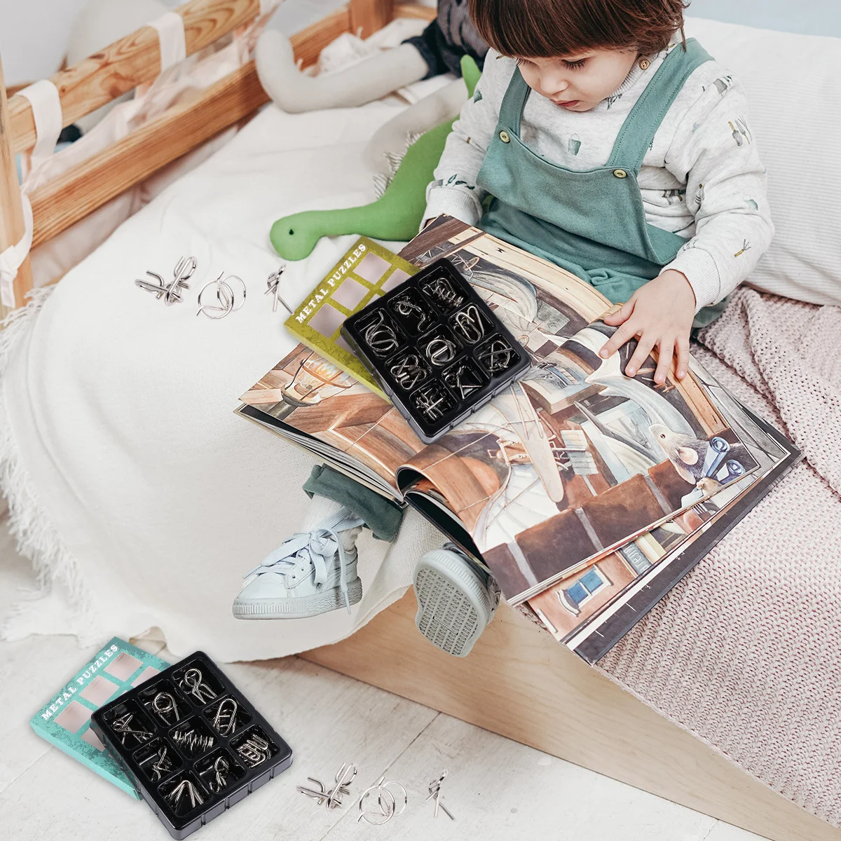 مجموعتان من ألعاب الألغاز الحلقي الصينية المعدنية، مجموعة ألعاب تحدي الذكاء للأطفال والكبار باللونين الأخضر والأزرق