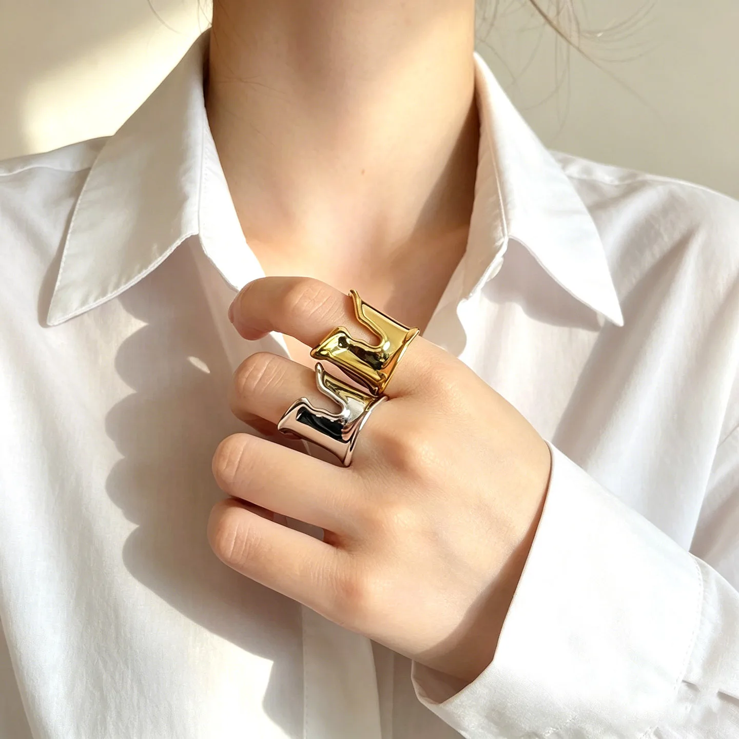 

Heavy Duty Irregular Split Metal Open Ring, Geometric Wide Smooth Band, Unisex Minimalist Luxury Finger Jewelry Gift