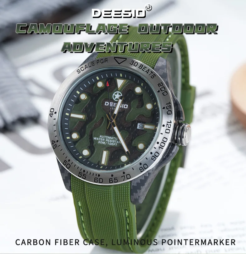 Dessio Men's Automatic Mechanical Watch | Upgrade Carbon Fiber Case Sturdy & Durable About 80g | 30M Waterproof | Luminous Dial | Date & Day Display | Trendy & Elegant Design for Business/Casual/Outdoor | Silicone Green Watch Strap | Lightweight & Sport |