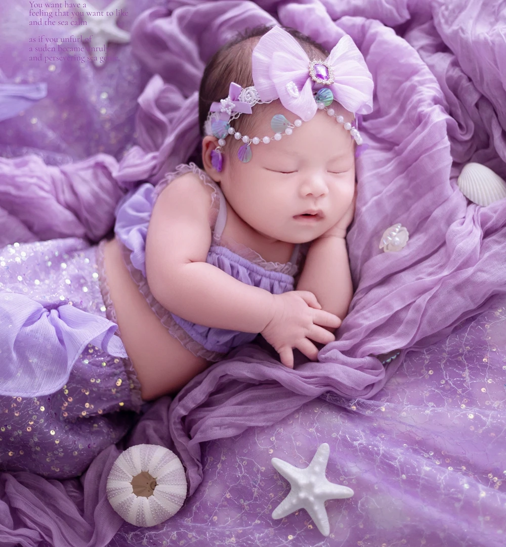 Mermaid Newborn Photography Outfits Purple Stretch Baby Wrap Sequins Baby Photo Backdrop Starfish Accessories Newborn Props