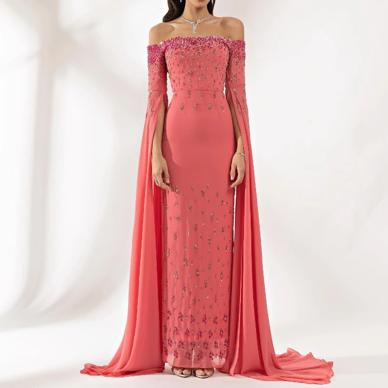 

Watermelon Red Luxury Beaded Crystal Mermaid Evening Gown Sexy Strapless With Cape For Women Formal Prom Party Dress