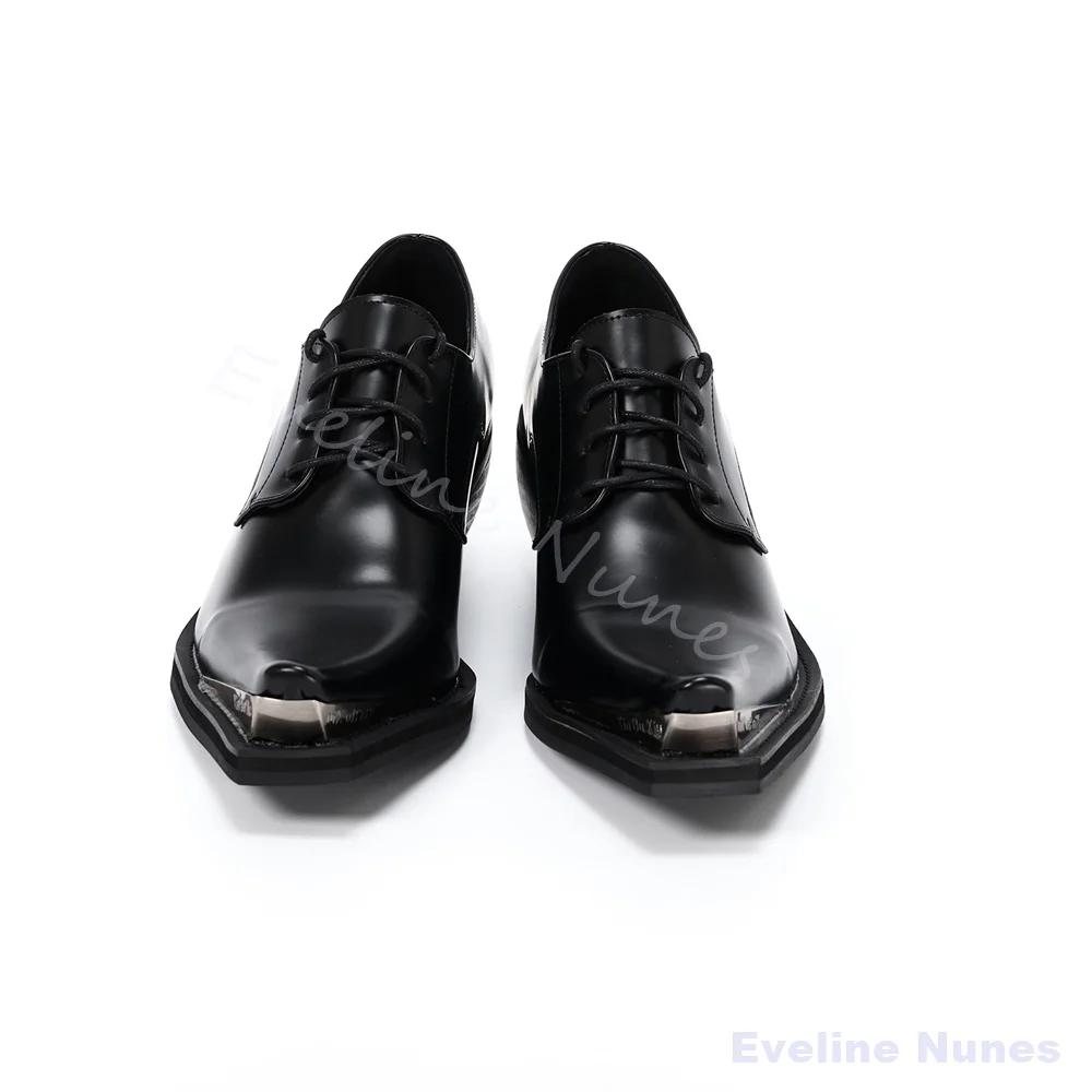 Metal Upturned Toe Casual Leather Shoes Men Niche Platform Cross Tied Chunky Heel Wizard Derby Shoes Runway Pointed Chelsea Boot