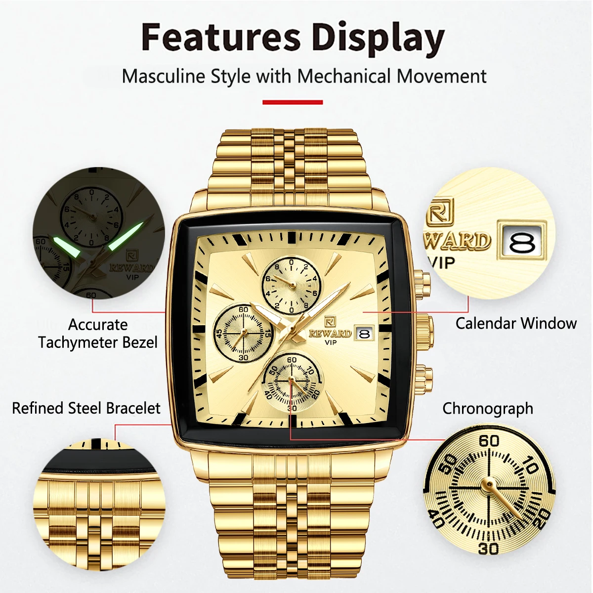 REWARD Golden Watches Rectangle Men's Watches Quartz Wristwatches Luxury Business Watch Clock Man Luminous Hands