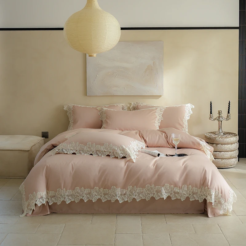 

100% Cotton Flowers Butterfly Lace Edge Bedding Set Queen King Size Duvet Cover Set Flat/Fitted Bed Sheet Pillowcases 4Pcs