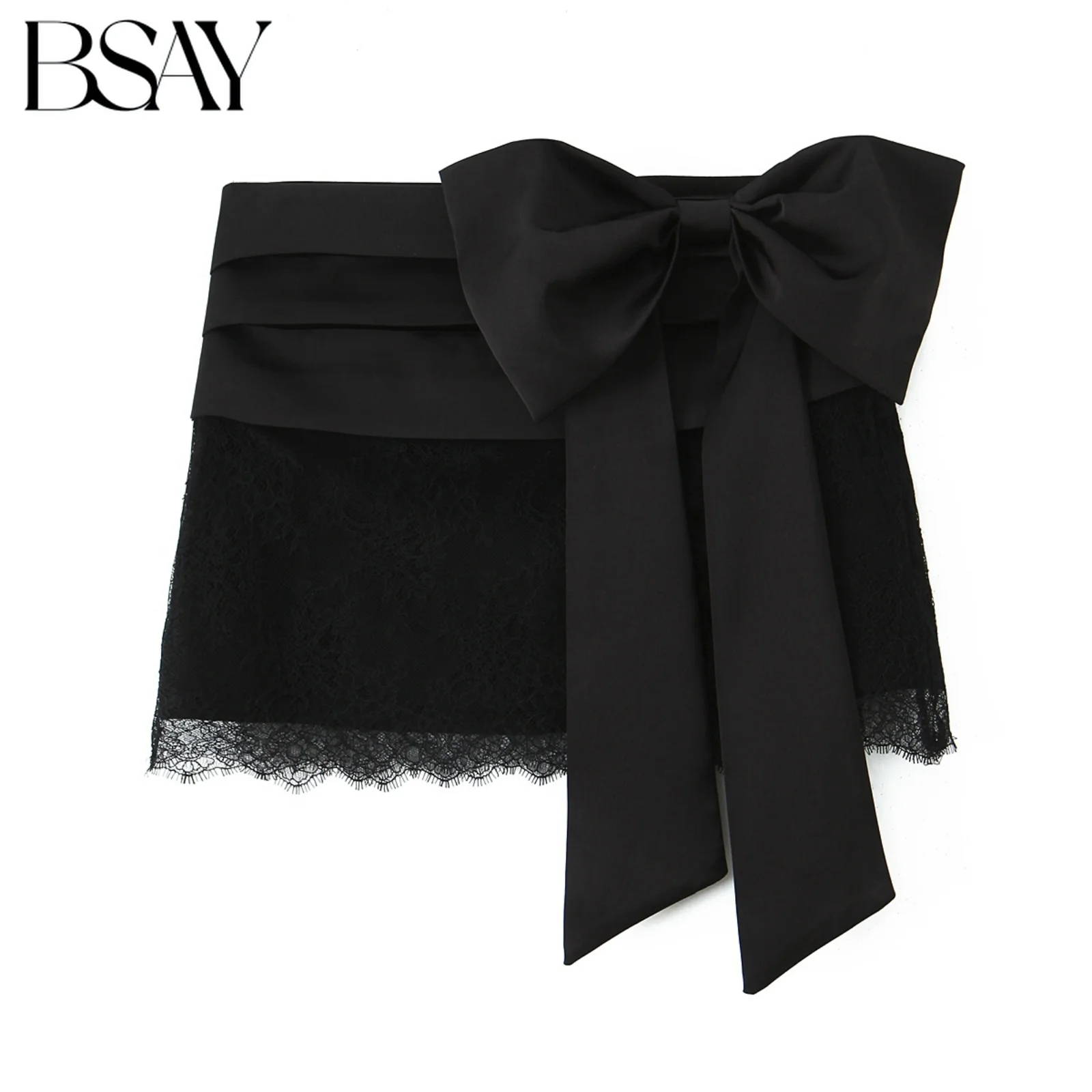 

BSAY Side zip hem with lace bow mini skirt 2025 autumn new JK uniform French chic black fold high waisted A-line skirt mujer