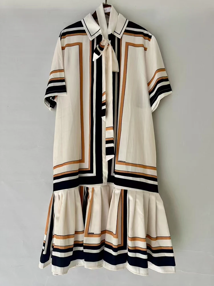 

2025 Summer women's dress Vintage geometric print lapel lace-up short-sleeved shirtdress pleated hem loose poufy skirt