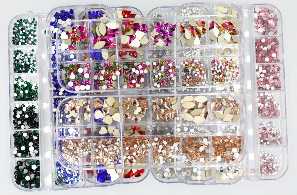 

12Grid Mix Sizes Glass Crystal AB/Colorful Rhinestone Clear Diamond Gems Flatback 3D glitter Nail Art Rhinestones Decorations